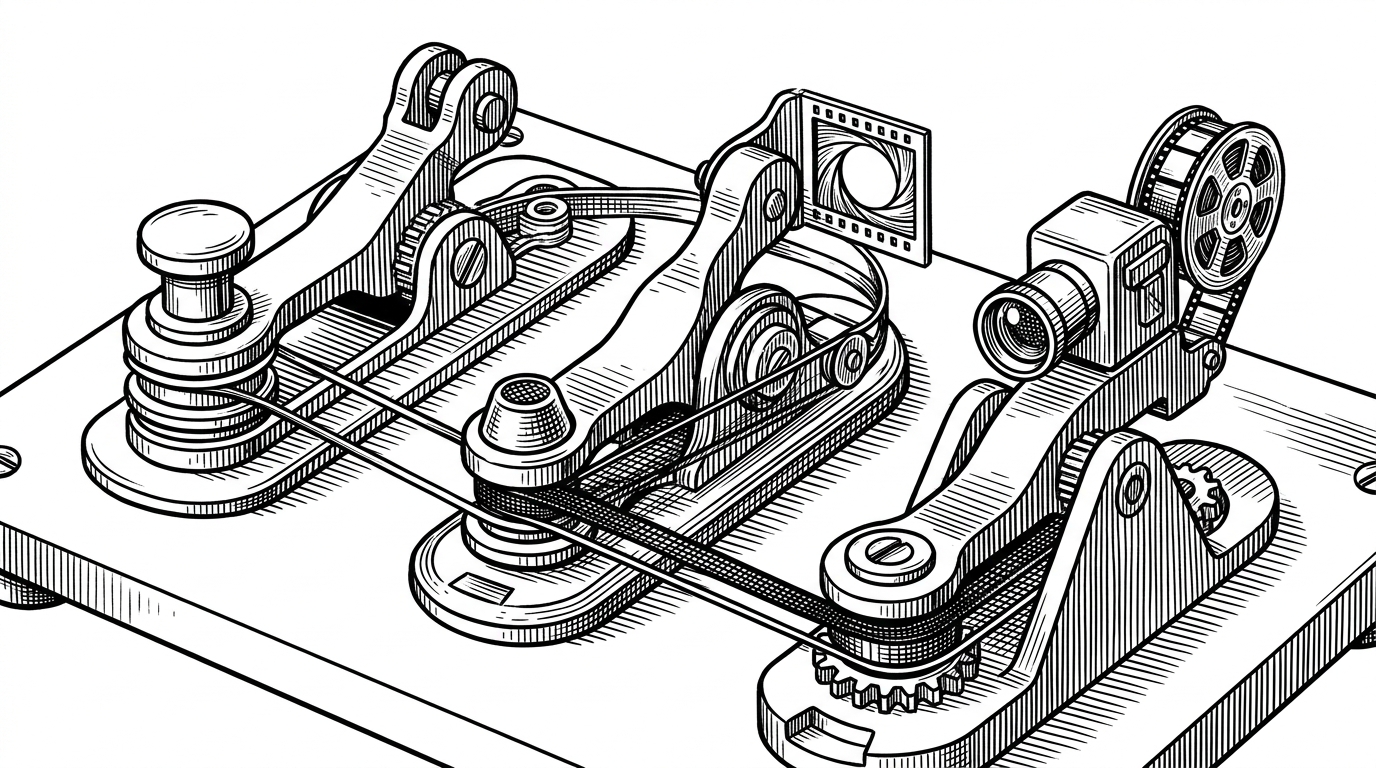 A close-up of a small machine with three linked levers and a moving belt. One lever starts speech, one captures a spoken answer, and one toggles a video frame, showing how event hooks create the illusion of a live interviewer.
