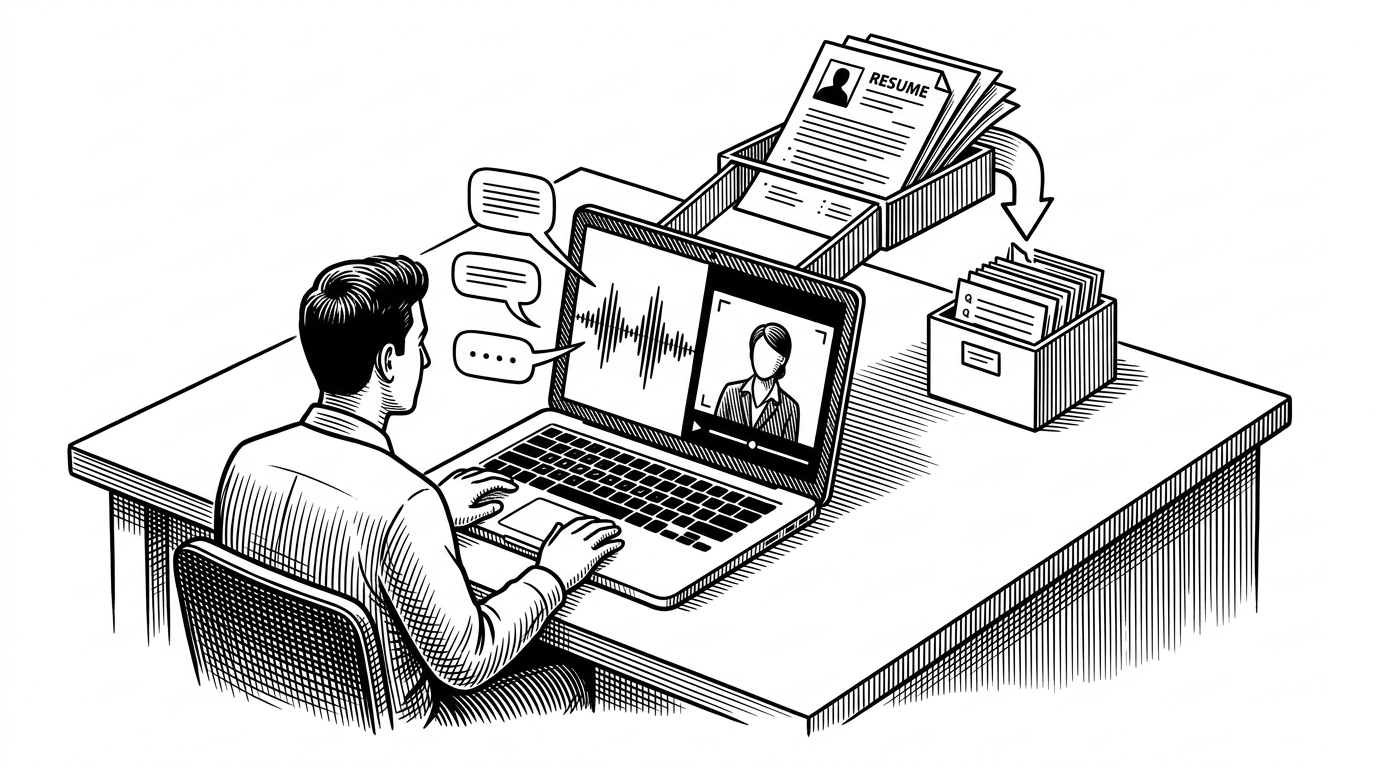 A job candidate sits at a laptop while a resume stack feeds a question engine and a speaking interviewer appears on screen. The illustration explains how the project turns uploaded background material, browser speech, and timed video playback into a believable mock interview loop.
