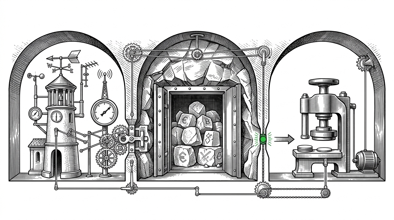 A vault split into three linked chambers, with a weather-station-like oracle tower on one side and an idle mint press on the other. The central chamber holds collateral, and narrow gates only open when the price signal passes every check. It explains that UBIQUIN treats price verification as the real security boundary.