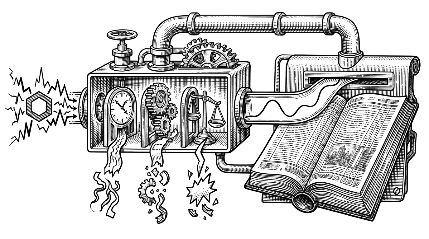 A close-up cutaway of a price pipeline entering a small inspection chamber. Three internal gates block stale timestamps, incomplete rounds, and invalid prices before the normalized value exits toward the Treasury. It explains that UBIQUIN turns the oracle into a sequence of refusals, not a simple lookup.