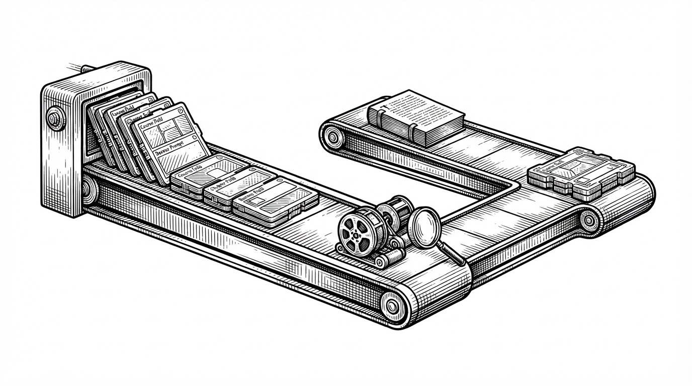 A close-up conveyor belt splits a blueprint into two branches, one for lesson text and one for YouTube support material. The scene explains how the app enriches chapters in parallel before recombining them into a finished course object.