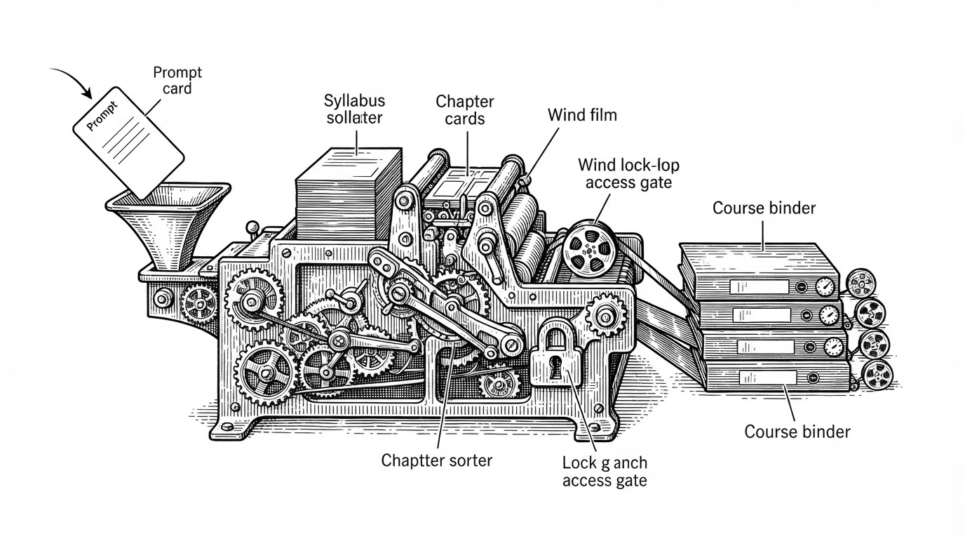 A printing-press-like course factory turns one input card into a stack of finished course binders. The scene explains the repo’s core idea: AI is not the product, the pipeline is.