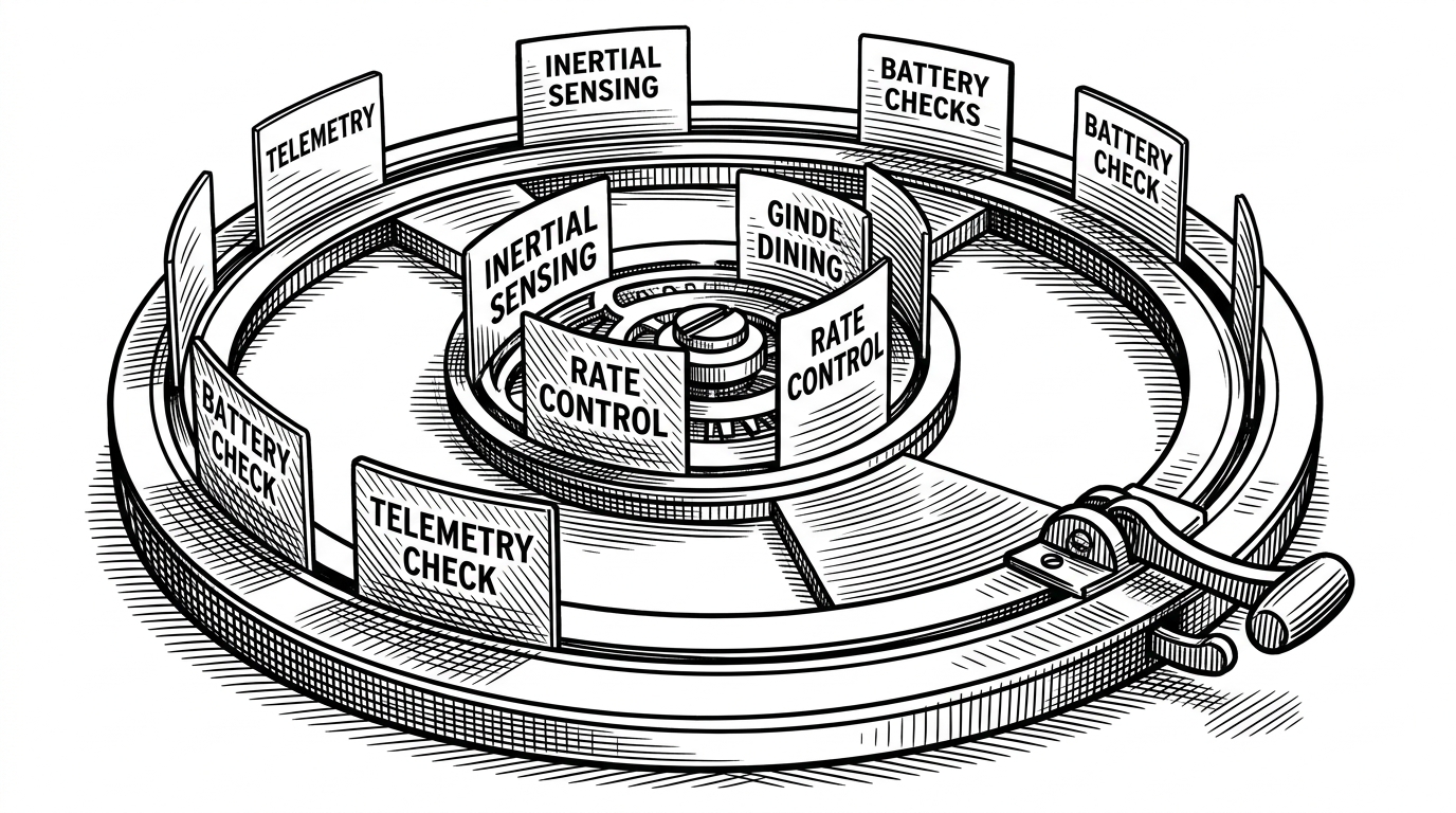 A close-up black-ink illustration of a mechanical scheduler ring with task cards placed at different intervals around a central heartbeat. Fast tasks cluster near the center, while slower tasks sit farther out, and a small fail-safe lever is visible at the edge. The image explains how ArduPilot treats time as a first-class design constraint, with critical control tasks running more often than telemetry and housekeeping.