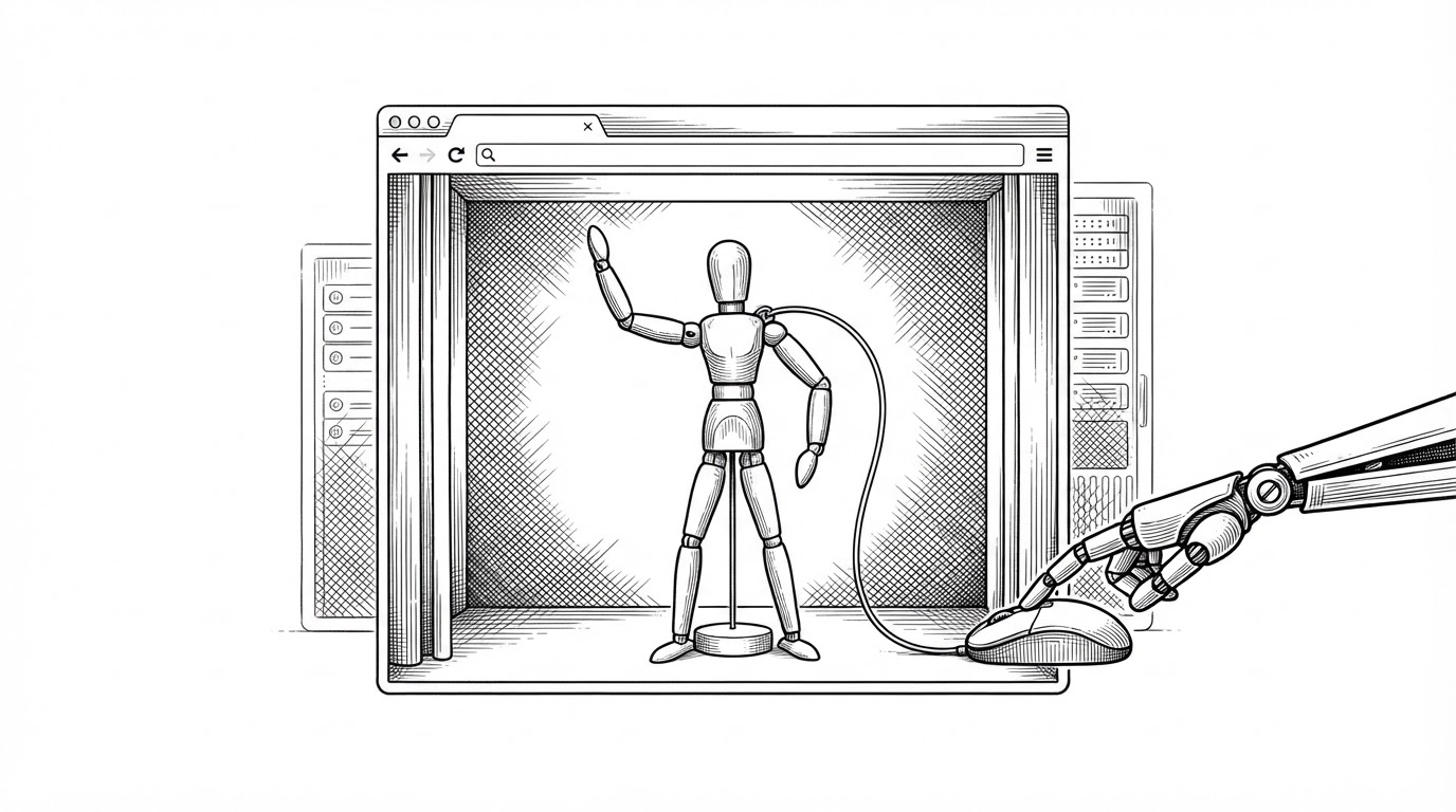 A wide black-ink engraving of a browser window drawn as a small proscenium stage. Inside the stage stands a jointed wooden artist's mannequin with one arm raised mid-pose. A mechanical arm reaches in from the right edge, its single finger resting on a mouse, and a thin cord runs from the mouse, over the browser chrome, and into the mannequin's shoulder. Faint server racks are suggested in crosshatch behind the stage. The illustration captures the article's thesis: the pose editor cannot run headless, so an agent must drive the web app the way a person would.