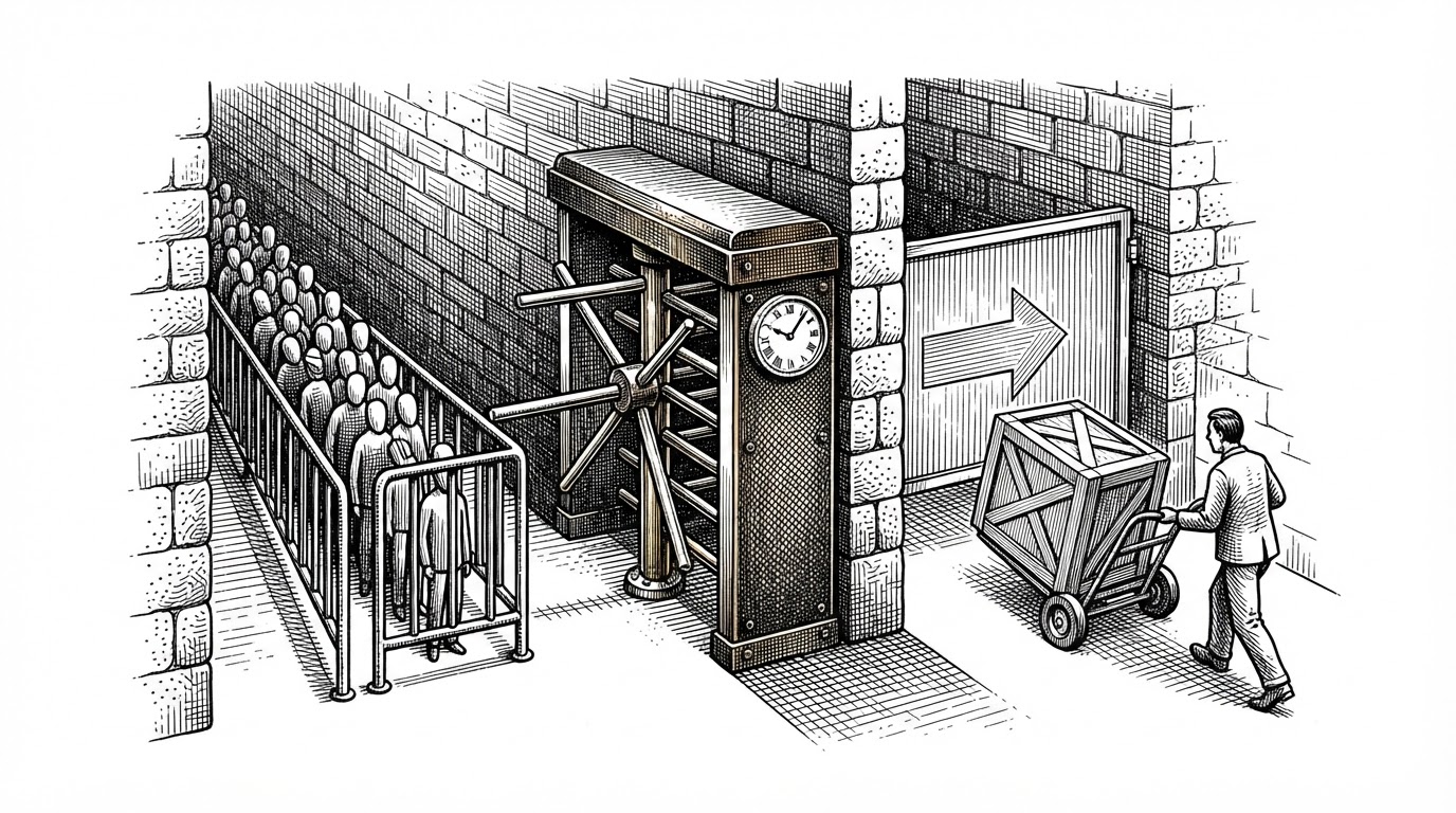 A close-up black-ink engraving of a brass turnstile set into a walled corridor. To the left, a queue of small identical figures waits in a shared lane. To the right, a single large crate on a hand truck passes through a gate marked with an exclusive arrow. A tiny clock face is bolted to the turnstile housing, its hand near the end of a long arc, and the spokes are caught mid-rotation. The image makes the media lock legible: shared image jobs pass together, an exclusive video render takes the whole gate, and the clock is the wait deadline.