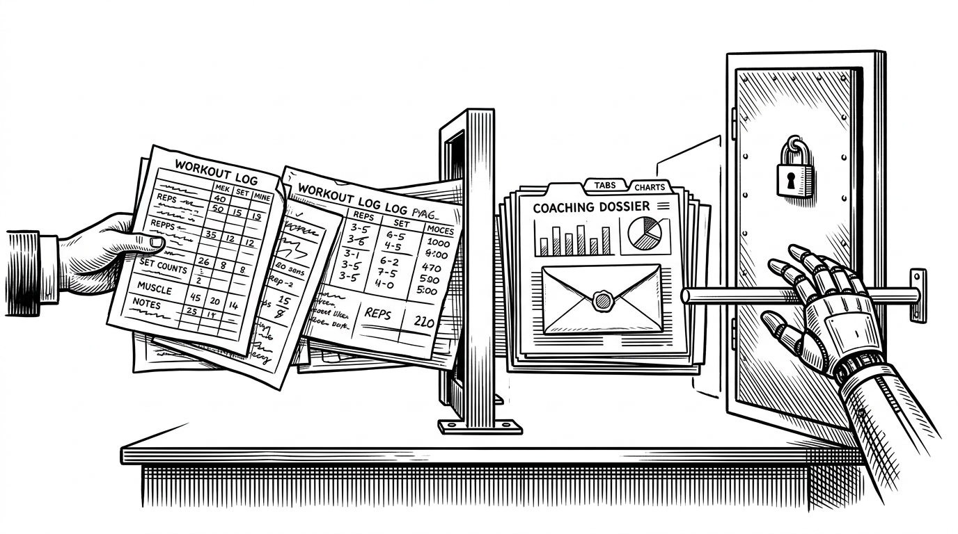 A pile of raw workout logs and handwritten set counts passes through a narrow sorting gate and emerges as a clean performance dossier, while a locked planning door stays closed to an outstretched mechanical hand. The scene explains that FitAI transforms messy logs into constrained analysis instead of letting the model touch the plan directly.