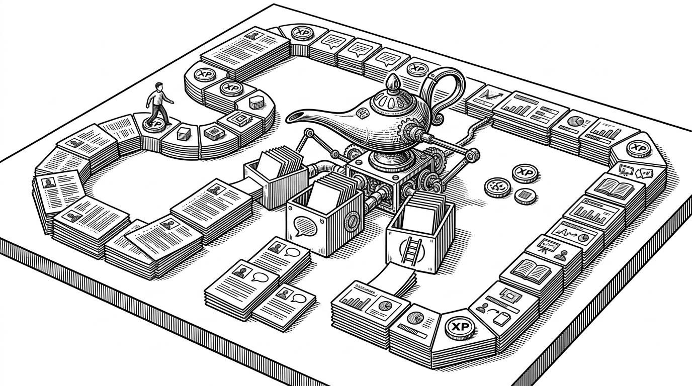 A wide editorial scene shows a career game board made of resume pages, interview cards, and learning tiles, with a user avatar moving along a track while a central machine feeds structured cards into the system. The image explains that the product is built around persistent progress, not one-off AI answers.