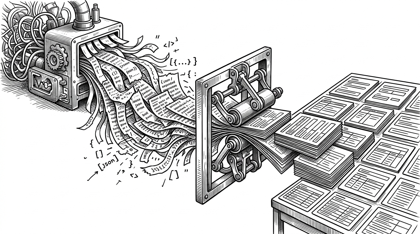 A close editorial scene shows a messy strip of paper emerging from an LLM output machine, with tangled text, markdown markers, and half-finished JSON on one side. On the other side of a narrowing gate, the same information is cleaned into orderly cards that feed a dashboard, explaining how structured parsing protects the product from model noise.