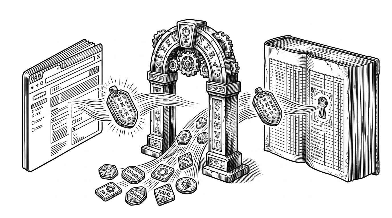 A browser tab on the left sends a token through a narrow gate that normalizes several identity labels into one key. On the right, a controller ledger resolves to a single user.id. The image explains how TaxPal accepts different token shapes while still producing one consistent server-side identity.
