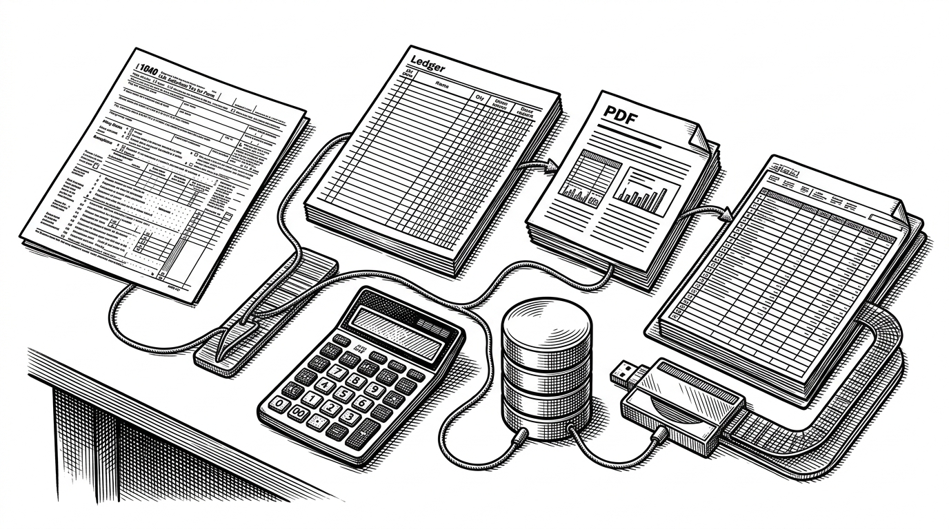 A tax form becomes a ledger page, then flows into a PDF report and a spreadsheet sheet. A calculator, database cylinder, and export tools surround the path like stations in a workflow. The image explains that TaxPal treats each estimate as durable data, not a disposable form submission.