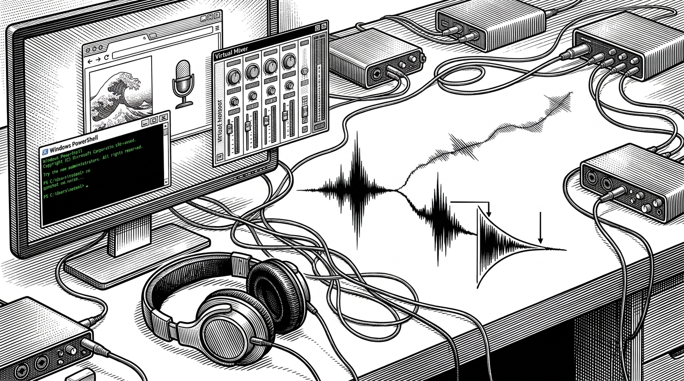 A desktop audio chain built from a Windows console, virtual mixer, browser window, and headphones. A waveform splits into a compressed loud spike and a lifted quieter trace, showing how software can reshape what a player hears in a match.