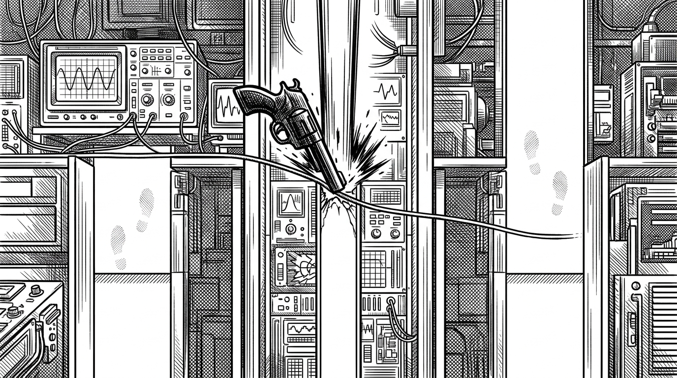 A close-up signal-lab scene where a bright center lane is pushed down by a loud burst while smaller side-channel traces stay visible. The image explains how self-suppression makes room for faint cues by ducking masking energy during combat spikes.
