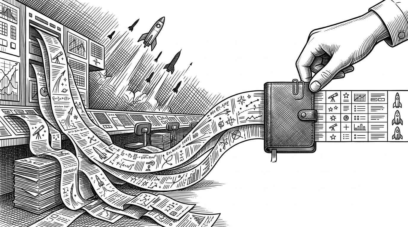 A wide mission room where a public launch feed pours in from the left as stacked printouts and panels, while a small personal ledger is clipped onto the stream on the right. The image explains how the app turns a shared API into an owned experience with only a thin private layer.