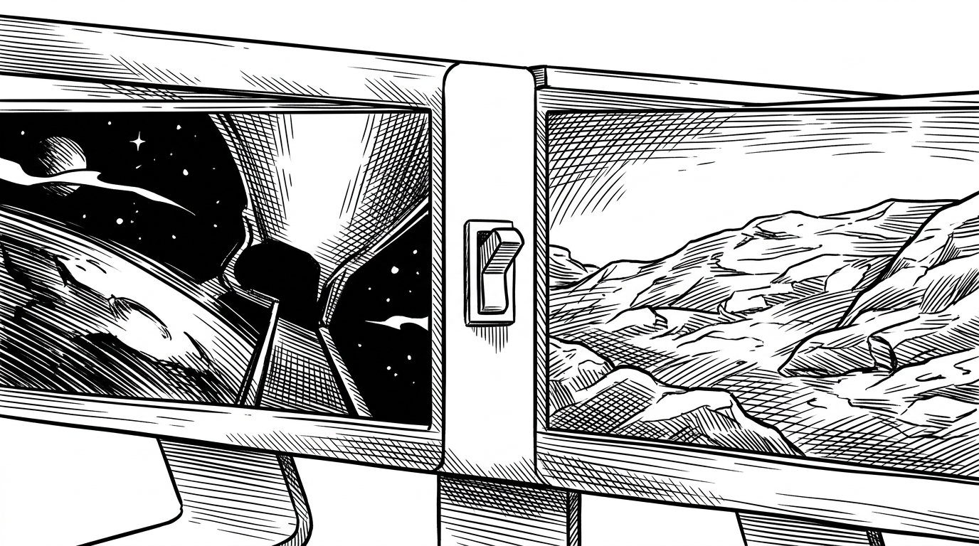 A close-up split-screen monitor where one side shows a deep-space visual layer and the other shows a red Mars-toned layer, connected by a single toggle. The image explains how theme state changes the app's atmosphere, not just its colors.