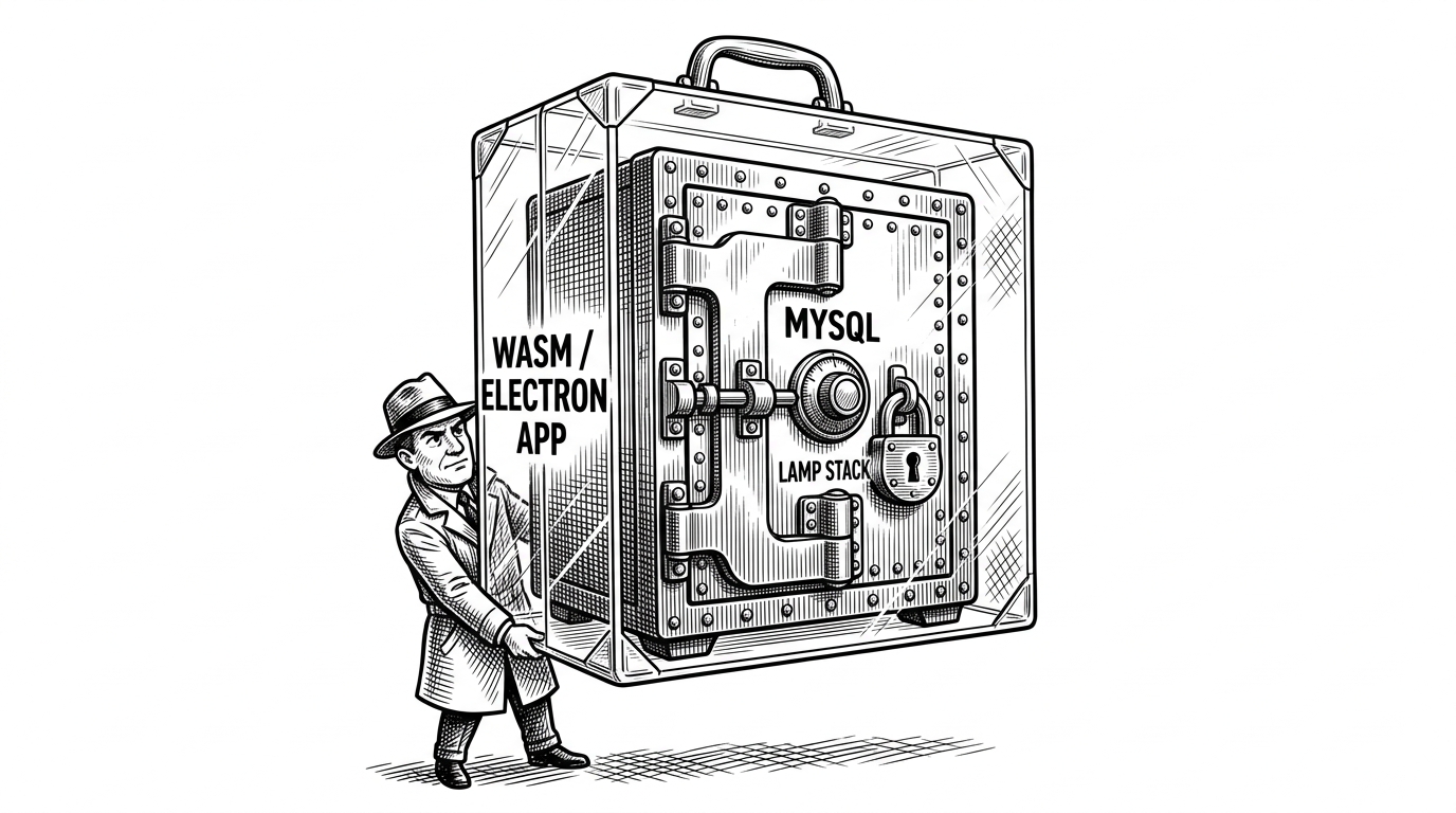 A massive, heavy iron bank safe representing traditional MySQL/LAMP stacks being effortlessly carried inside a lightweight, transparent glass briefcase representing the WASM/Electron app.
