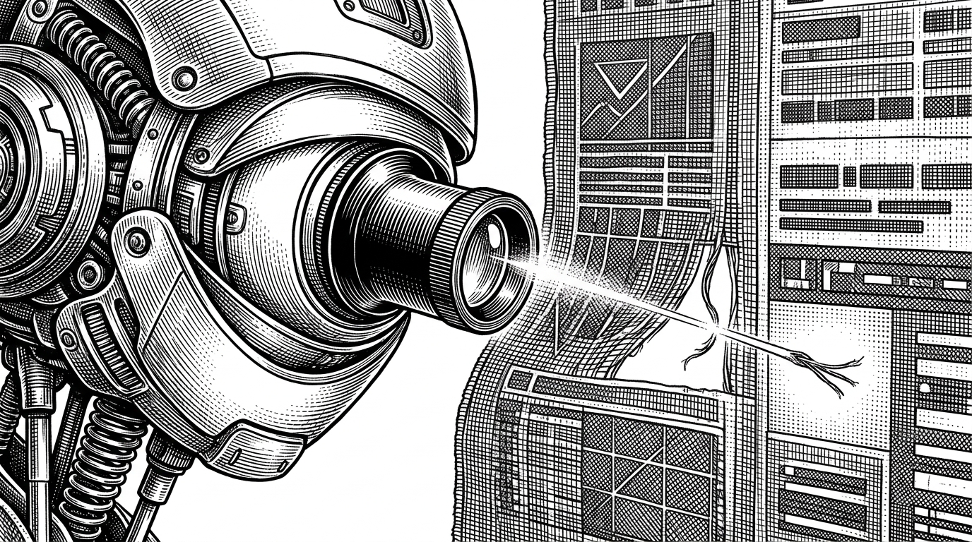 A close-up of a robotic eye equipped with a jeweler's loupe inspecting a woven tapestry representing UI block markup, with a single frayed thread highlighted by a laser.