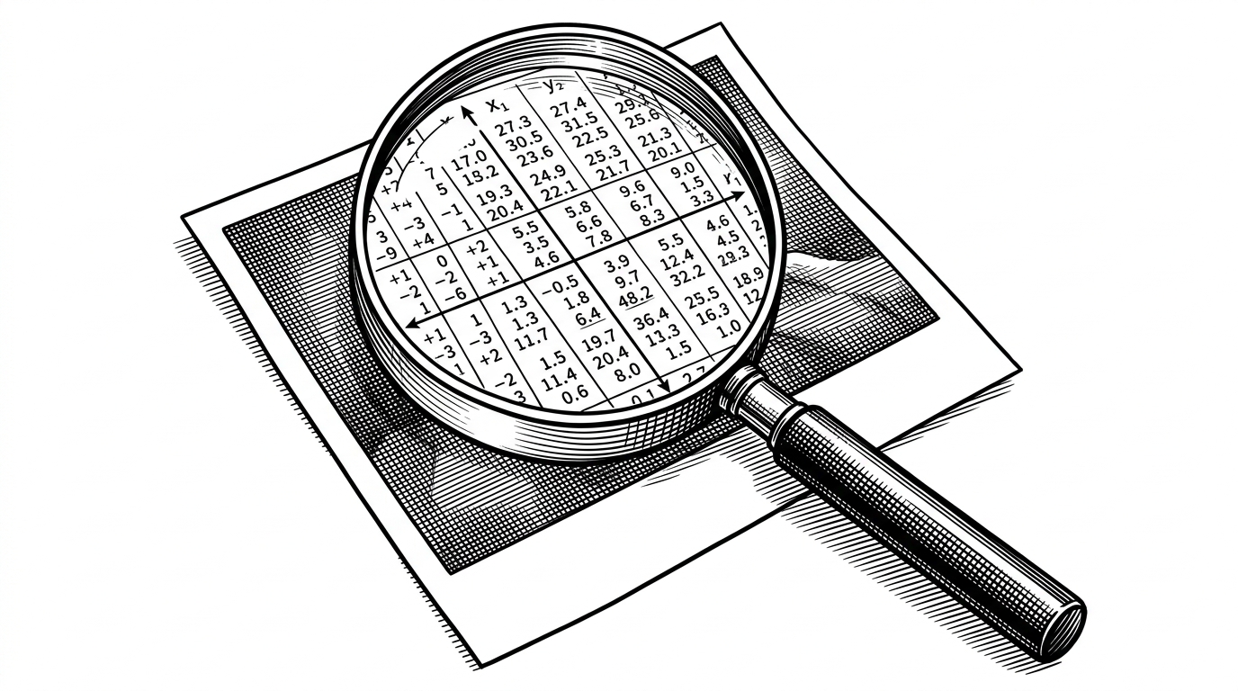A large magnifying glass hovers over a printed photograph. Inside the lens, the photograph disappears, replaced entirely by a strict grid of numbers, mathematical symbols, and coordinate axes. The transition from smooth image to raw numerical data is sharp and distinct.