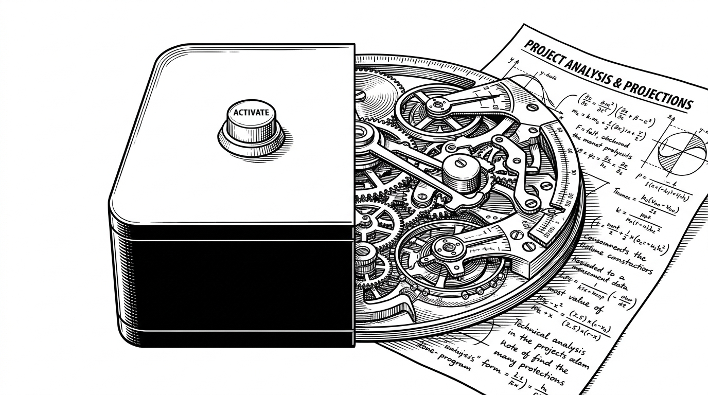 A split composition. The left side depicts a smooth, perfectly machined black box with a single, simple push-button on top. The right side depicts a complex clockwork mechanism with exposed gears, weighted levers, and measurement scales interacting with a piece of paper.