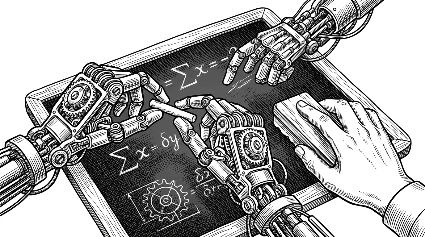 A close-up of three hands over a slate chalkboard. Two are mechanical hands made of gears and pistons, and one is human. One mechanical hand passes a piece of chalk to the other, while the human hand waits with an eraser. This represents the LangGraph state machine passing control between agents before allowing user interaction.