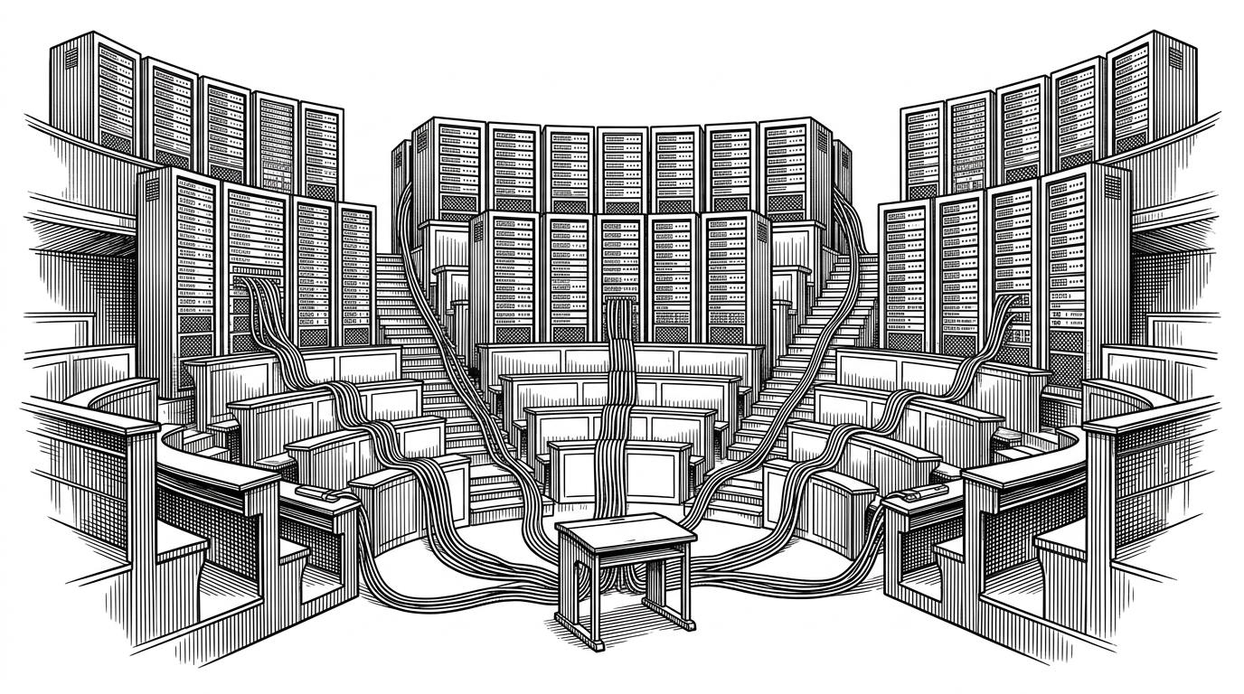 An expansive academic amphitheater where traditional wooden desks are replaced by tall server racks and glowing terminal nodes. Thick bundled cables snake down the tiered steps, all connecting to a single wooden school desk at the center of the room. This illustrates the concept of a machine-generated, highly orchestrated learning environment focused entirely on one user.