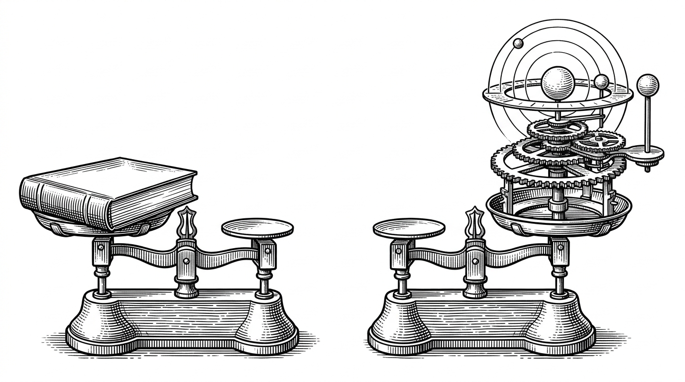 A split composition showing a vintage brass scale weighing a single heavy textbook on the left, and an identical scale holding a complex, spinning clockwork orrery on the right. This contrasts static, heavy curriculum against a dynamic, moving multi-agent simulation.