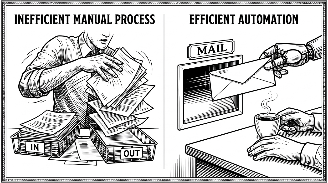 A visual comparison between manual paper sorting and automated mail delivery, representing suggestive AI versus delegated execution.