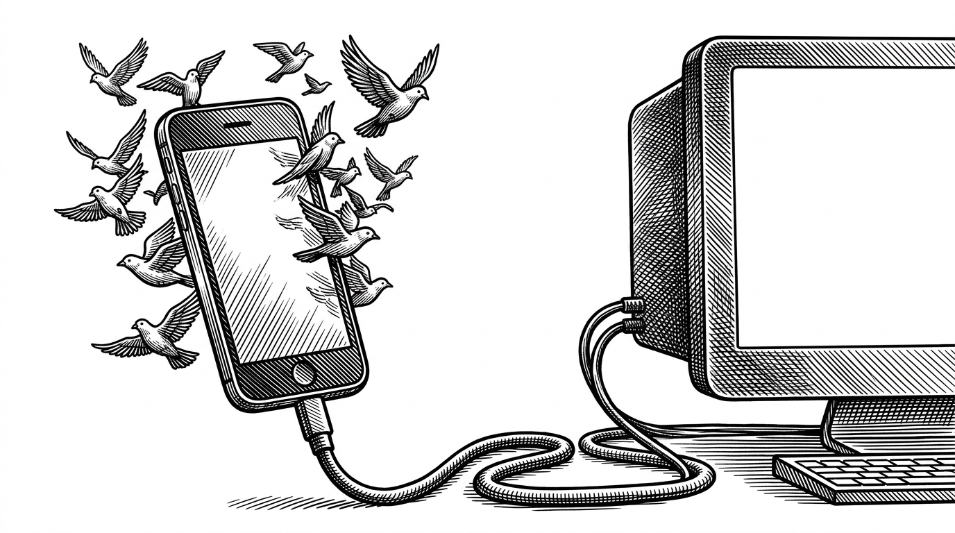 A smartphone tethered by a thick cable to a monolithic desktop computer, illustrating the link between lightweight messaging interfaces and heavy local hardware.