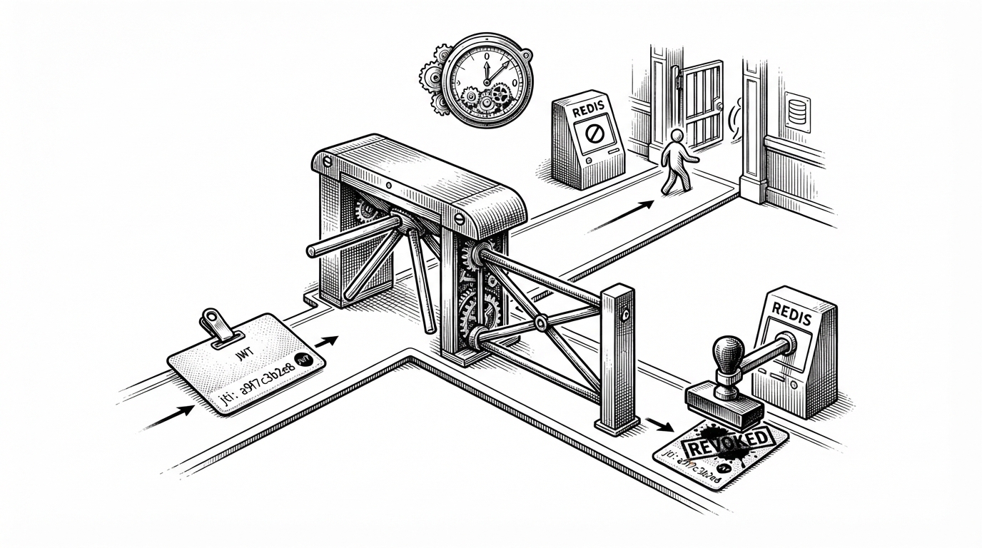 A close-up security checkpoint where a paper JWT badge with a serial number approaches a turnstile. One lane is cleared because Redis has no blacklist entry, and the other is blocked because a revoked stamp has already been applied. A small clock nearby indicates token lifetime. The image explains how server-side revocation turns JWTs from purely stateless credentials into controlled sessions.