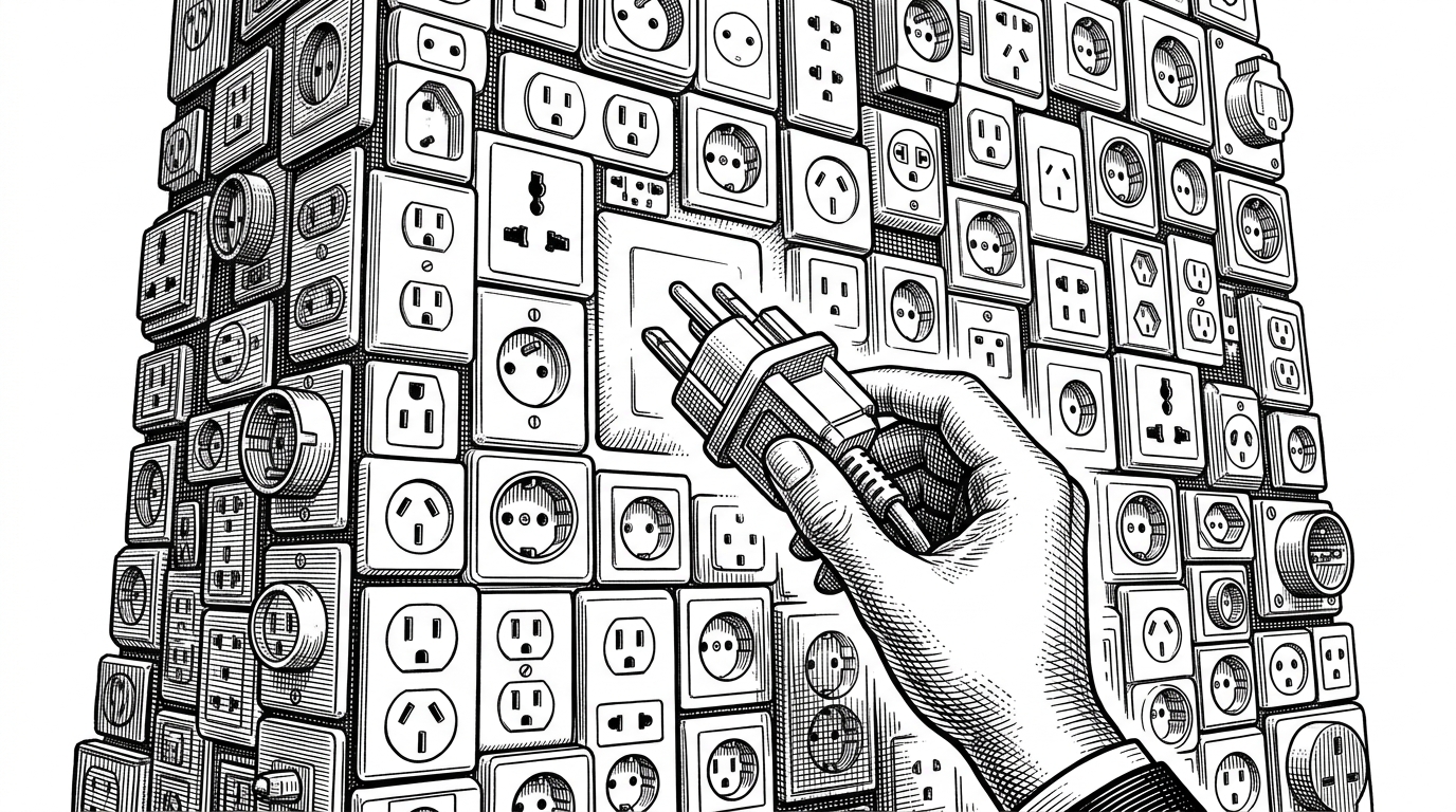 A massive wall of different electrical outlets with a single adapter plug fitting into all of them. This represents LiteLLM's ability to unify fragmented APIs.