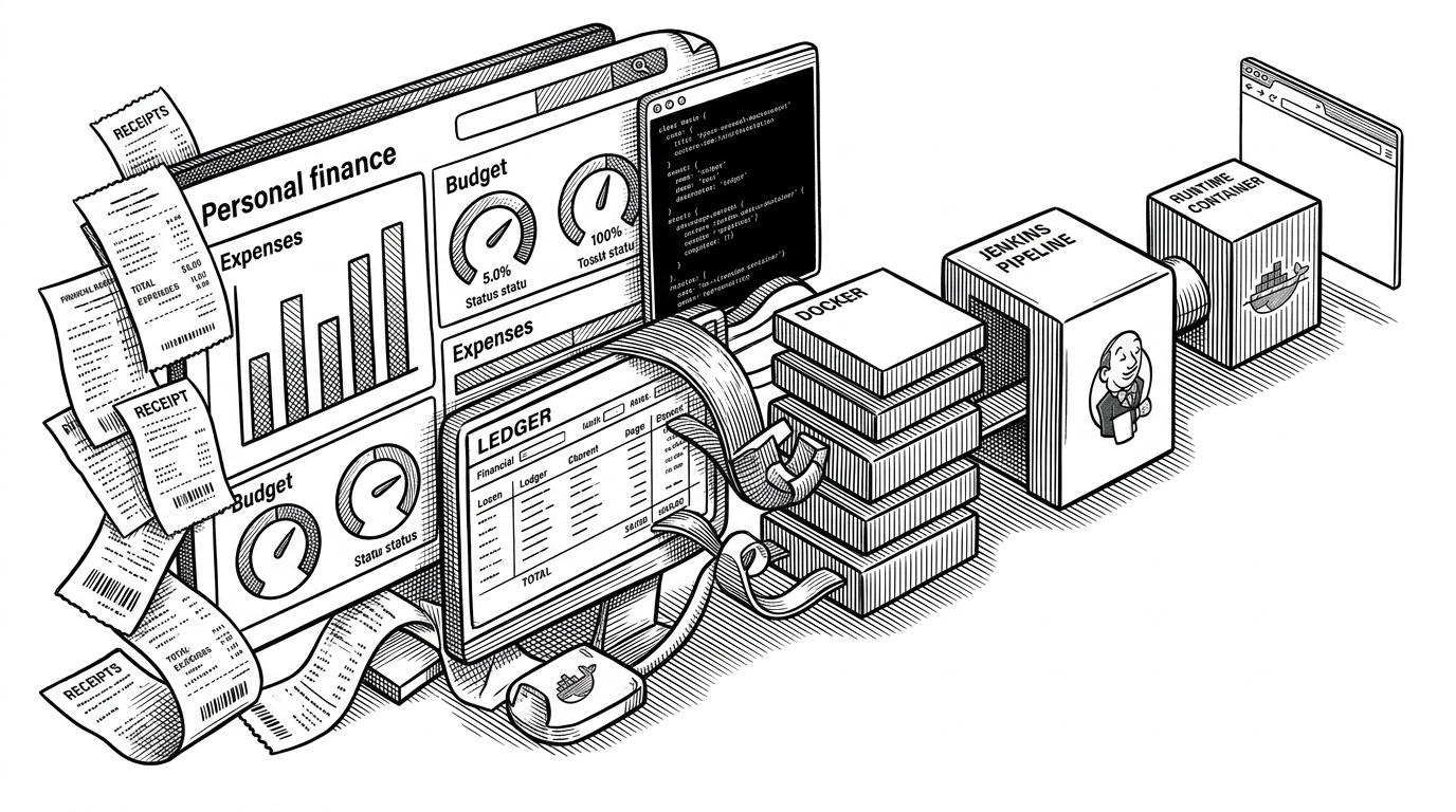 A wide workshop scene shows a finance dashboard on one side and a deployment pipeline on the other. The dashboard elements and container stack visually blend together, explaining that the app is built as both a product and a shipping system.