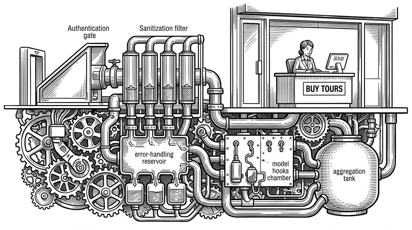 A travel booking counter sits in front of a concealed machine of gears, pipes, and valves. The public desk suggests a simple booking flow, while the machinery underneath routes work through authentication, sanitization, error handling, model hooks, and aggregation. The image explains that Natours looks ordinary from the outside but is architected like a layered system underneath.