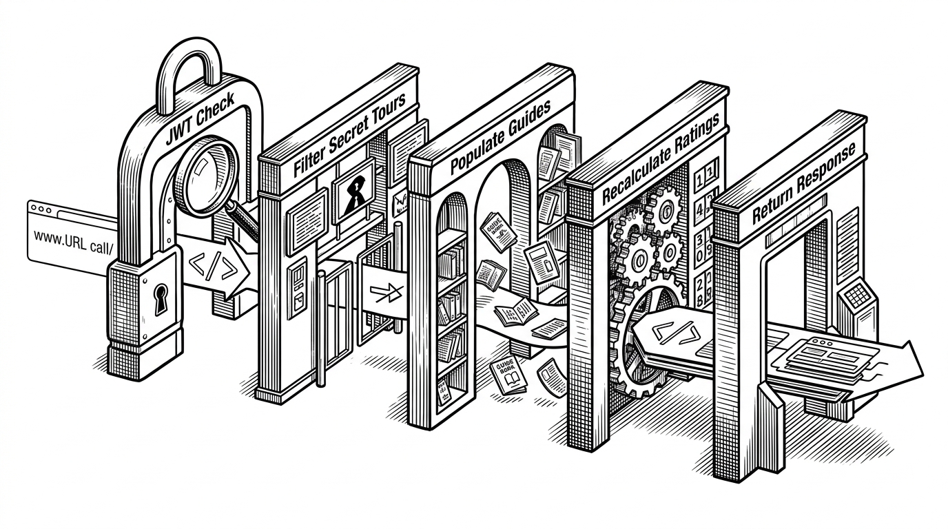 A single request moves through a tight corridor of gates. Each gate modifies the request in sequence, starting with authentication, then role checks, then the controller, then a factory method, then a database query, then model hooks, and finally a response. The image explains how Natours distributes logic across middleware and models instead of concentrating it in one handler.