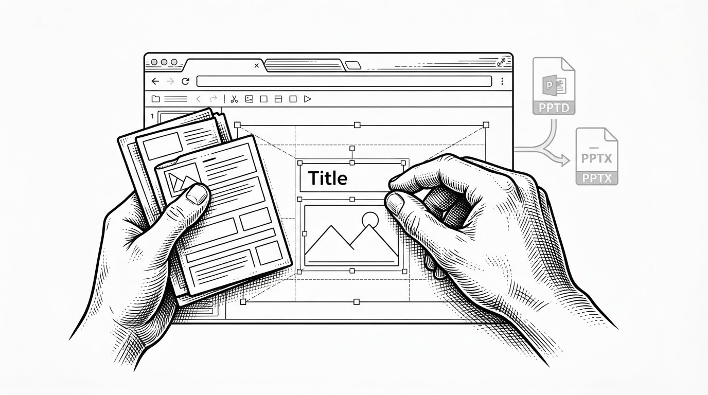 A close-up shows two hands over a slide canvas, one holding rough outline blocks and the other aligning a title box and image frame inside a browser editor. Behind the canvas, export paths branch toward .pptd and .pptx, explaining how the project preserved editability while still producing standard presentation files.
