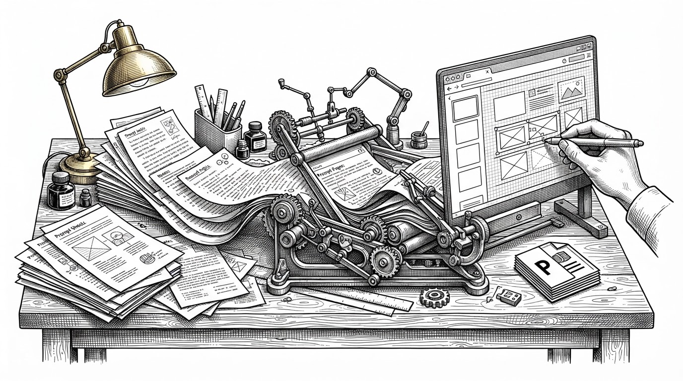 A workshop scene shows typed notes and prompt pages feeding into a drafting frame, then into a browser-like editor where a hand adjusts slide boxes before a PowerPoint file sits nearby. The image explains the project’s central idea: the valuable output is not raw AI text, but an editable presentation pipeline.