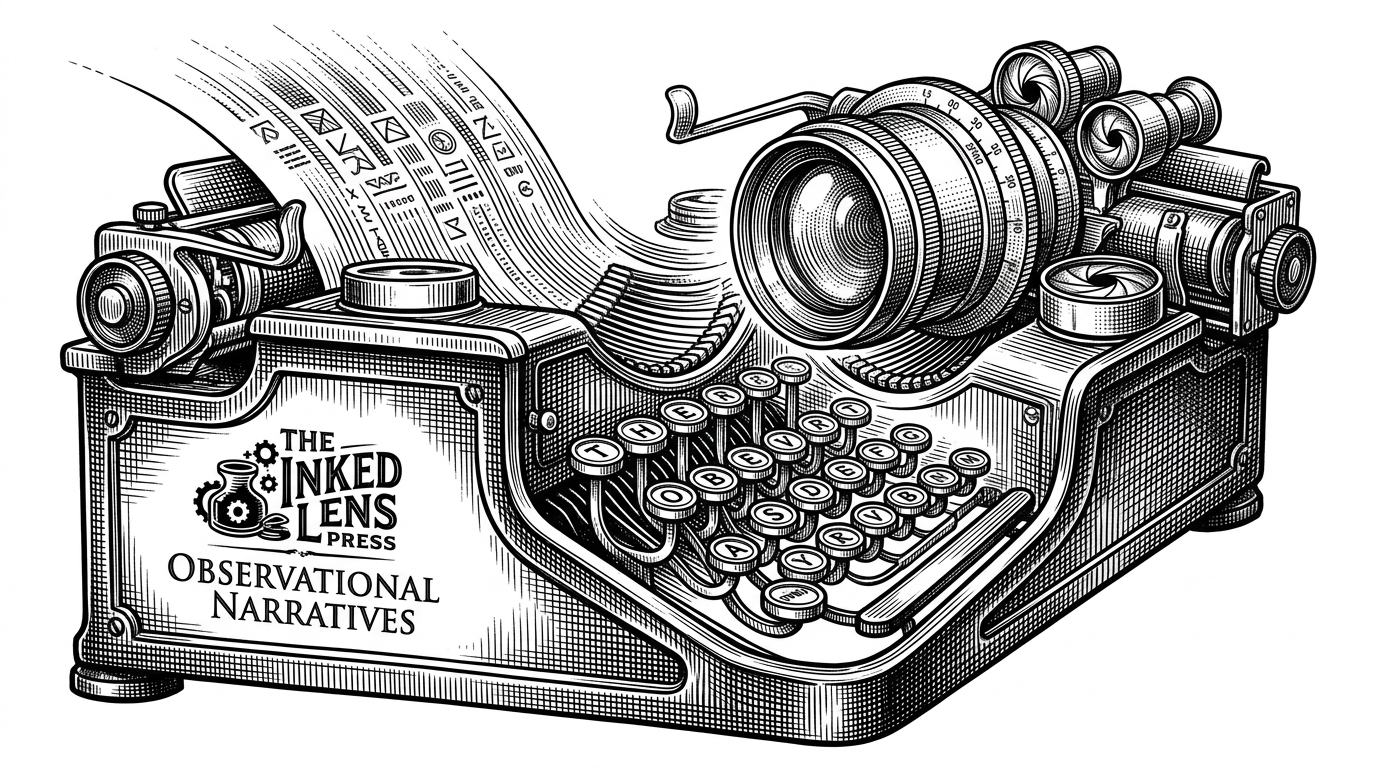 A vintage mechanical typewriter where the paper carriage is replaced by a glowing optical lens peering down at the keys, symbolizing the bridge between text generation and optical input on a single machine.