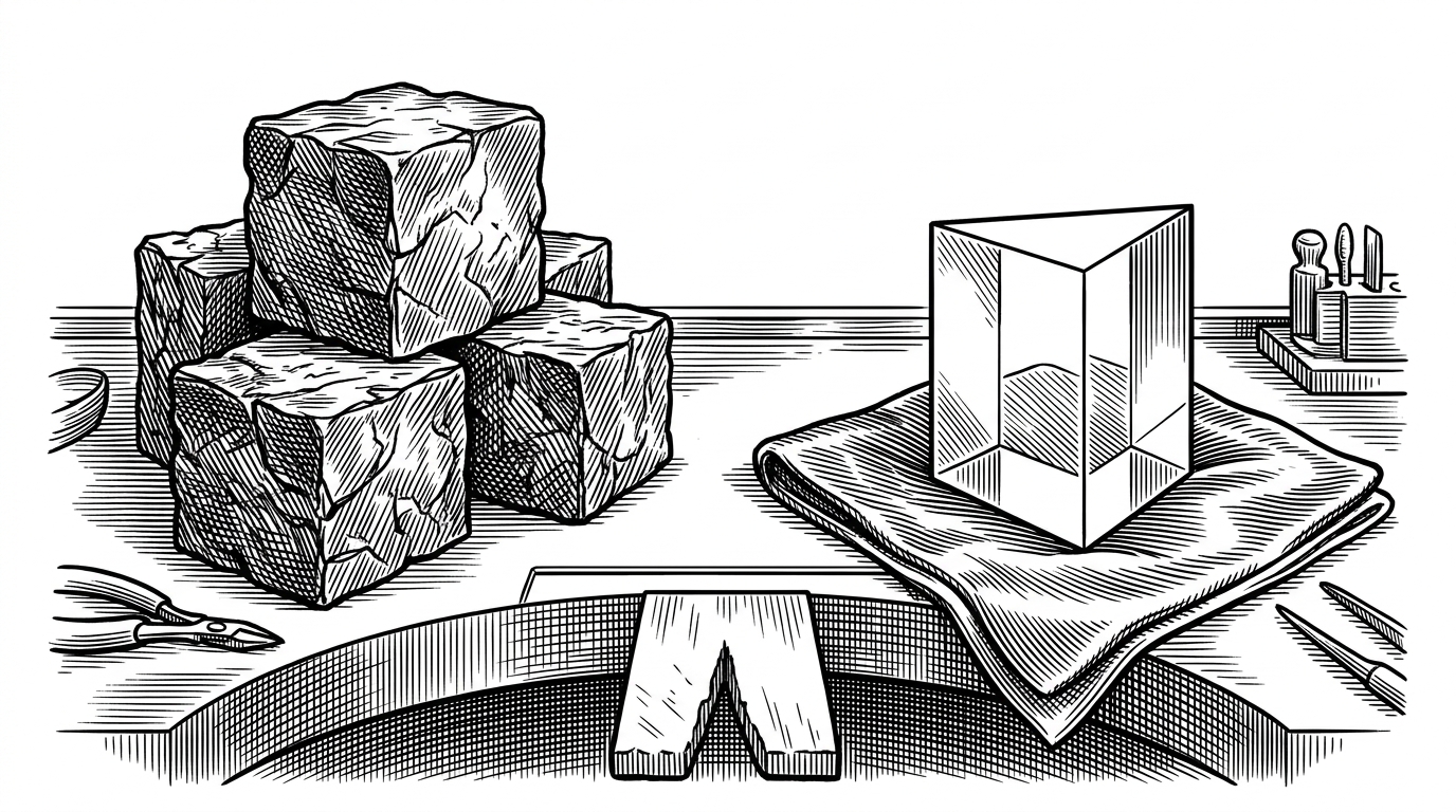 A jeweler's workstation showing rough, heavily compressed iron blocks stacked haphazardly on one side, and a pristine, perfectly faceted glass prism resting on a velvet cloth on the other, symbolizing mixed quantization.