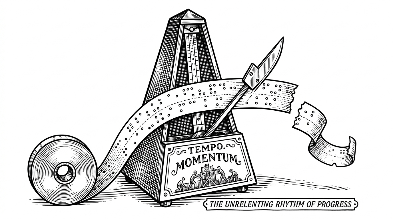 A mechanical metronome with a sharp blade attached to the pendulum, slicing through a continuous spool of punched paper tape as it swings too far, symbolizing the forceful truncation of reasoning tokens.