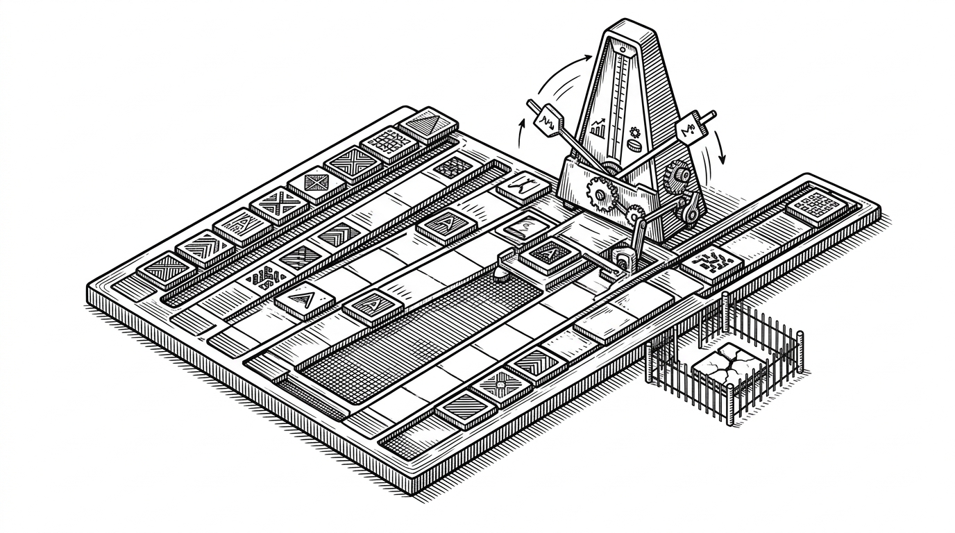 A tactical command board shows AI groups moving along staggered tracks, with heavy decisions routed by a metronome-like scheduler. One pathfinding tile is isolated behind a small gate while the rest of the board keeps moving, explaining how the engine spreads expensive AI work across frames.