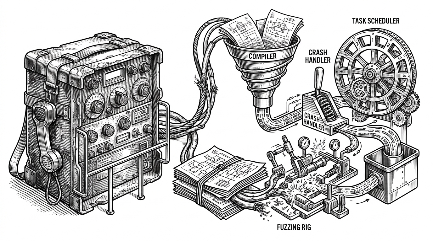 A weathered radio console retrofitted with modern tooling on a drafting table. Cables and schematics feed into a compiler funnel, a fuzzing rig, a crash handler switch, and a task scheduler wheel, showing how an old game engine can be rebuilt with modern operational habits.