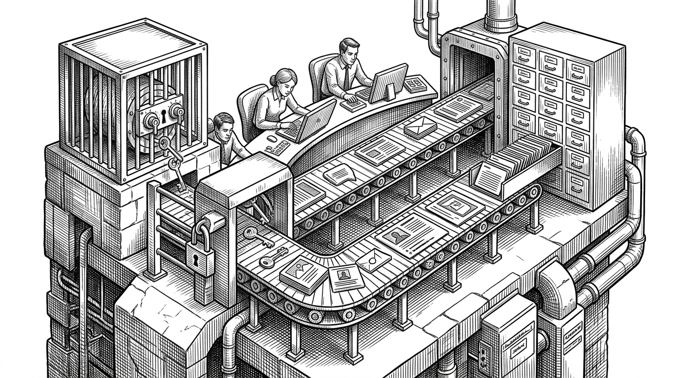 A fortified machine room centers on a moving social feed conveyor belt, with a guarded token vault on one side and a cache cabinet on the other. The scene explains that the app is designed around security and freshness, not just posting and scrolling.