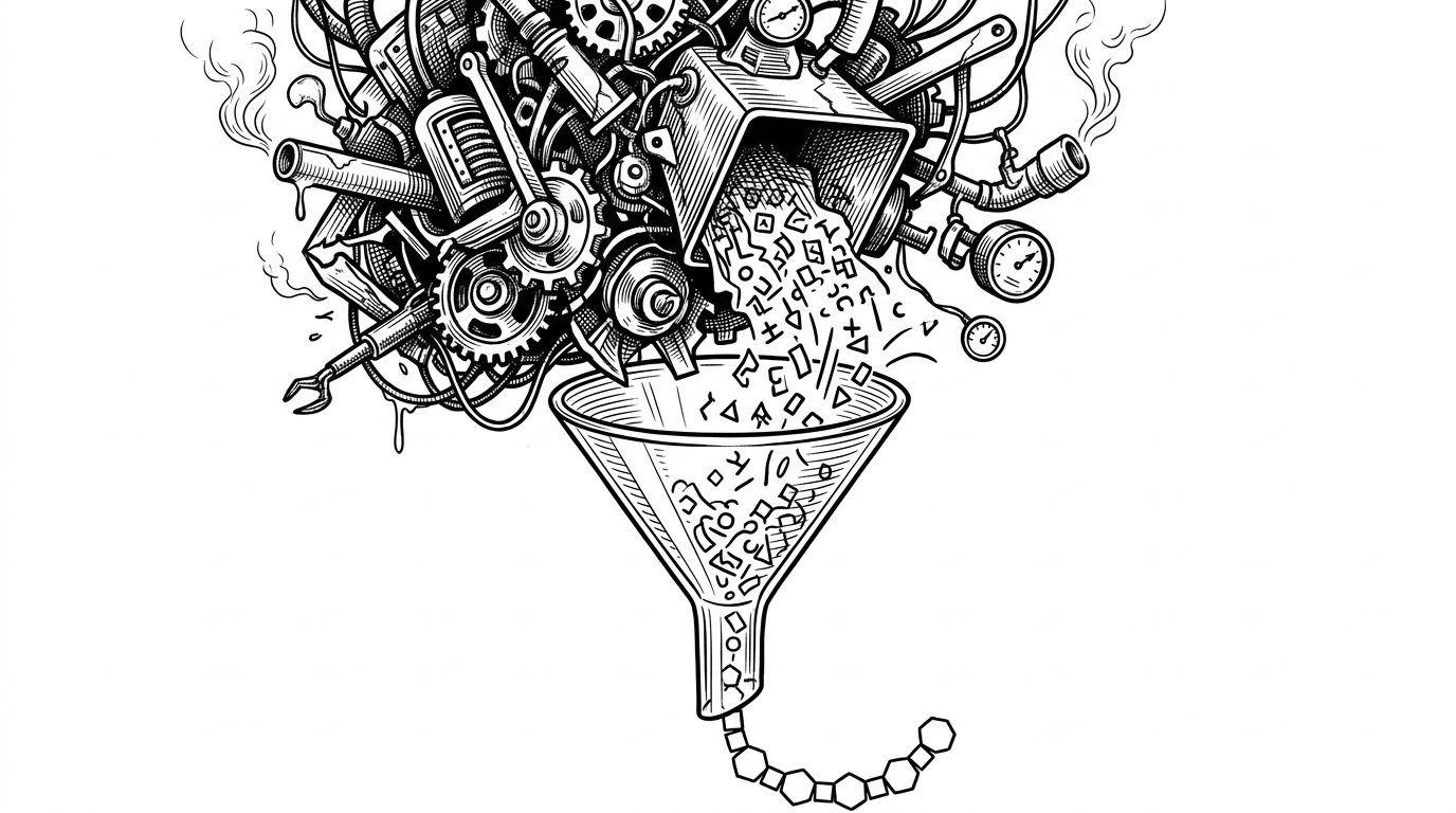 A complex machine dumping raw data into a clean, transparent glass funnel, outputting a perfectly formatted string.