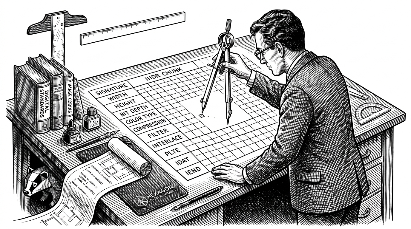 A vintage architect’s desk where a drafting compass is precisely placing a single pixel onto a giant, glowing grid representing a PNG header structure.