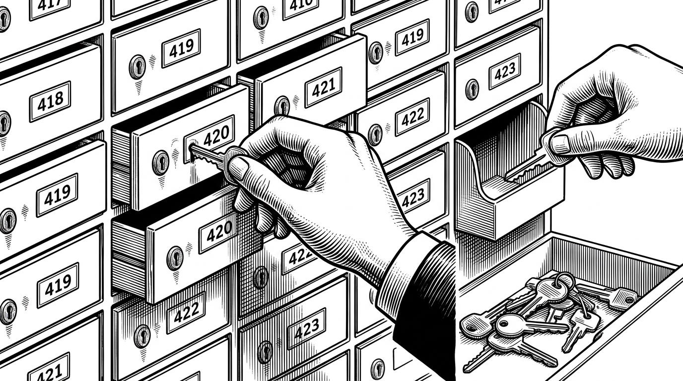 A hand tries to return a key to a wall of drawers, checking them one by one because the key has no direct label. Nearby, a second worker moves a reusable key from a free drawer back into circulation, illustrating that free needs to search where alloc only needs to route.
