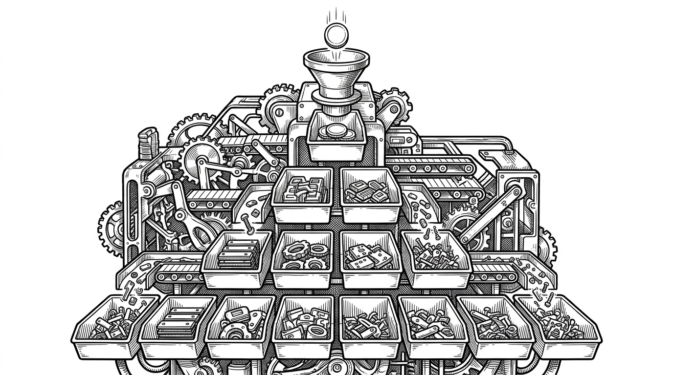 A mechanical sorting machine routes one incoming request into a ladder of size bins that grow by powers of two. Some bins are packed with reusable parts, while another bin feeds new raw components into the system, showing how the allocator hides routing behind a simple call site.
