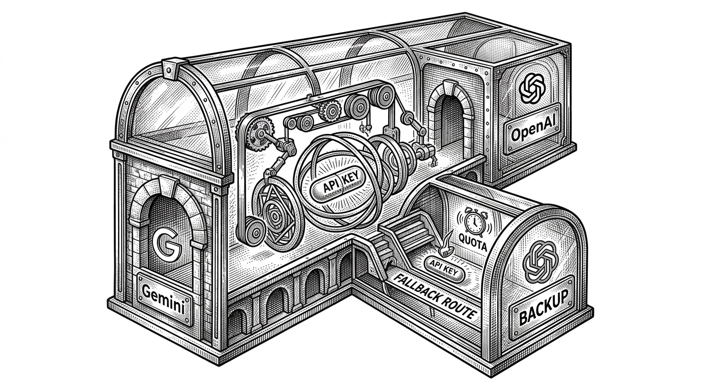 A close-up cross-section of a locked glass archive. A sealed key capsule travels through an encrypted corridor toward multiple model endpoints, with one path to Gemini, one path to OpenAI, and a side route lighting up after a quota alarm. The image explains how Note-IT AI combines encryption, proxy routing, and fallback behavior.