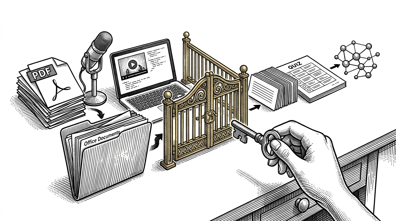 A student desk with a PDF stack, a microphone, a laptop showing a video thumbnail, and an Office document folder feeding into a central secure gate. On the other side, flashcards, a quiz sheet, and a small node graph emerge as study outputs. The scene explains how Note-IT AI turns messy academic inputs into structured learning objects under user control.