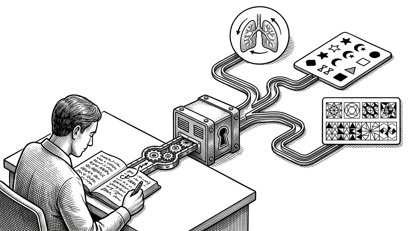 A person sits at a desk with an open journal while a locked channel carries the entry toward a small server relay and then into three branching therapeutic paths. The image explains how the app turns a private mood note into a routed next step instead of a chat loop.