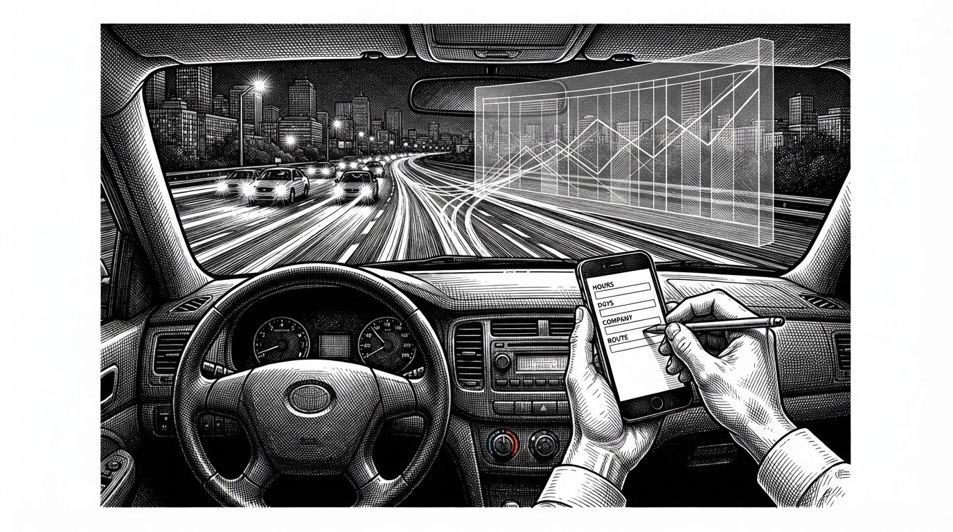A cab dashboard seen from above, with a driver entering work hours, work days, and company on a phone while headlights and route lines outside the windshield converge into a shared chart. The scene explains how individual reports become collective labor visibility.