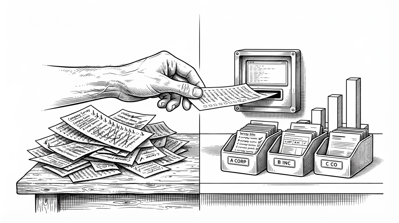 A split tabletop scene shows messy paper survey slips on the left and a clean terminal pipeline on the right feeding company names into neat bins and a bar chart. The image explains how SurWay turns raw submissions into a structured summary.