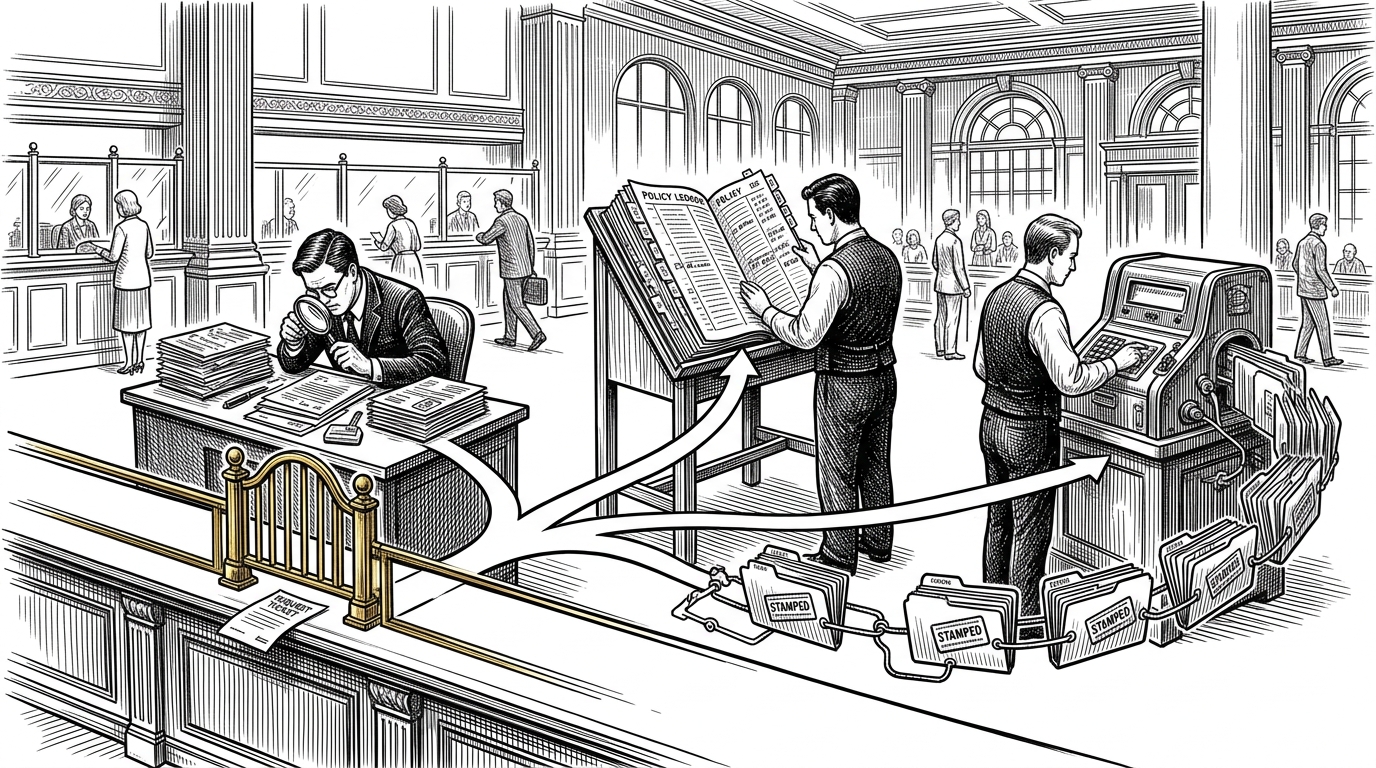 A wide bank lobby scene rendered as an editorial engraving. A customer request arrives at a counter, then splits behind the desk into separate workstations for identity checks, policy lookup, and a secure action terminal. The image explains that banking support is a workflow with different responsibilities, not one all-purpose chatbot.